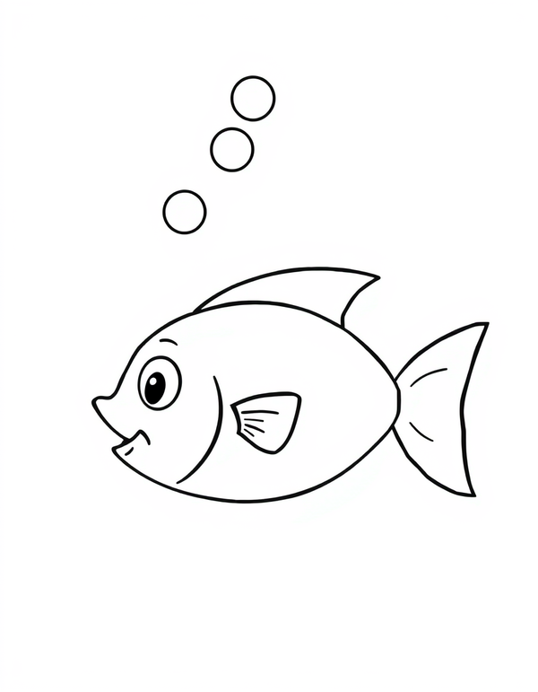 Coloring page of a cartoon fish with a trail of round bubbles rising from its mouth to the top of the page