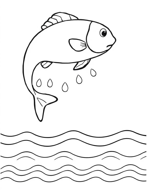 Coloring page of a cartoon fish arching above a wavy water line with splash drops around it