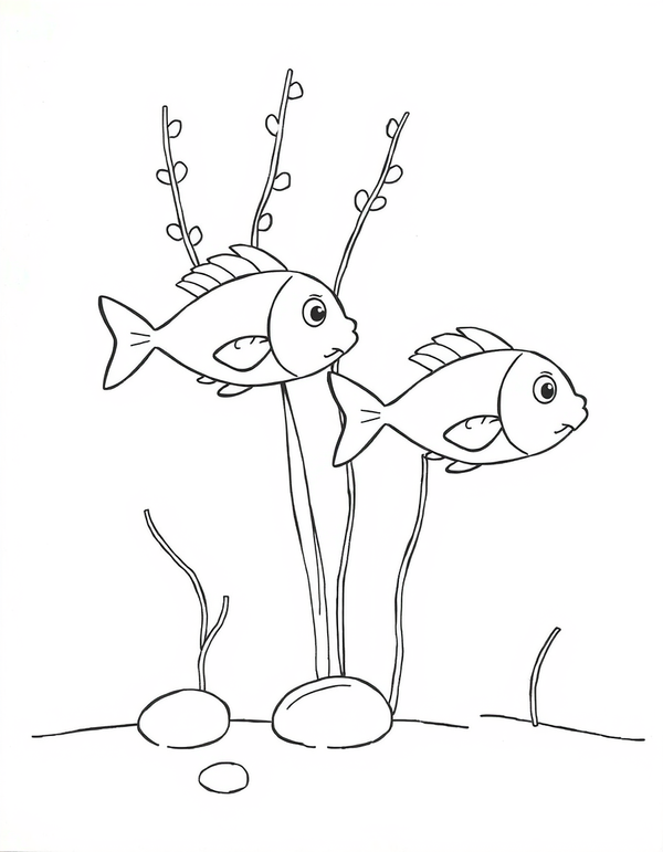 Coloring page of two cartoon fish swimming between tall seaweed strands rising from the sea floor