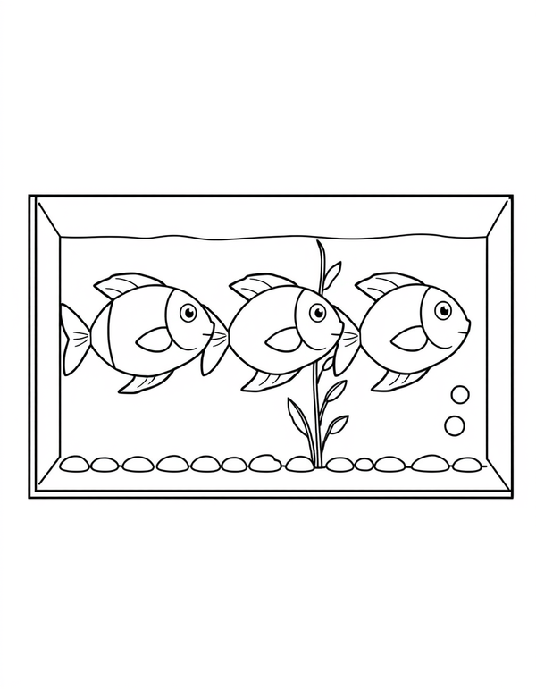 Coloring page of a rectangular fish tank holding three cartoon fish, a plant and pebbles along the bottom