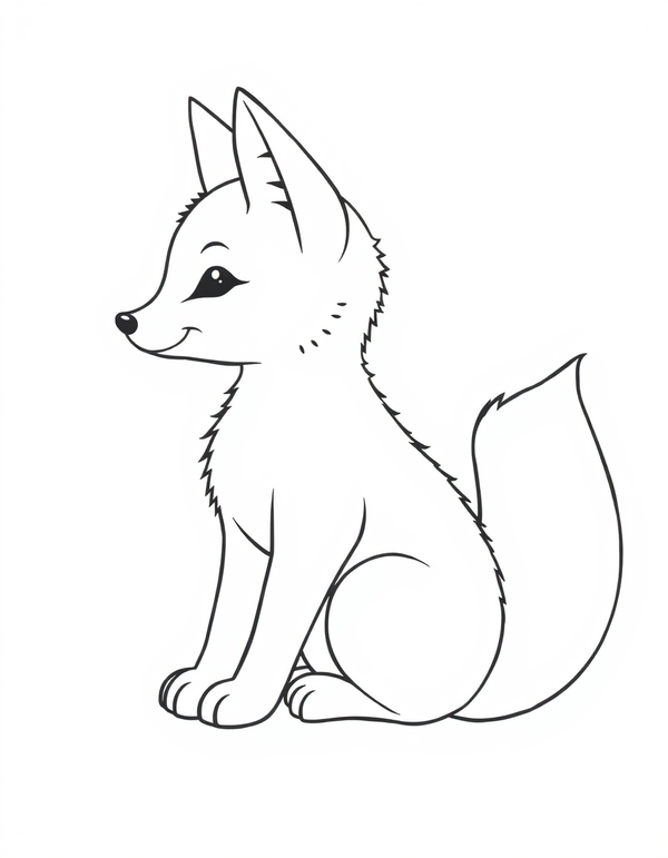 Fox Kit Sitting With Its Tail Curled black and white line art