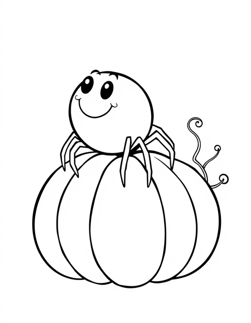 Friendly Halloween Spider on a Pumpkin black and white line art