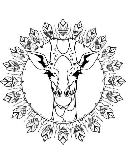 Detailed giraffe mandala coloring page with rings of acacia leaves and coat patches