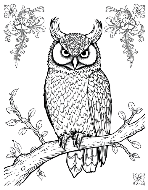 Black and white coloring page of a great horned owl on a tree branch