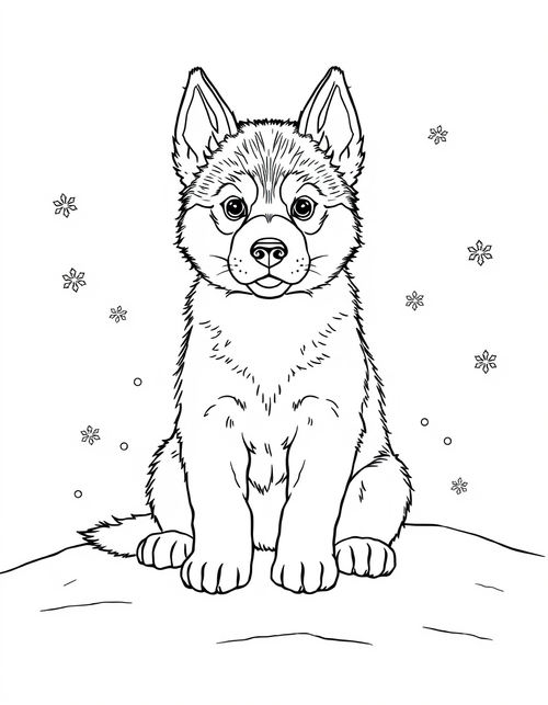 Husky Puppy With Blue Eyes in the Snow - black and white coloring page