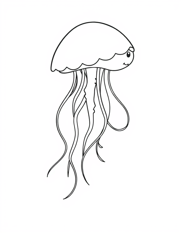 Coloring page of a large jellyfish with a rounded dome and long trailing tentacles, a smaller jellyfish behind it