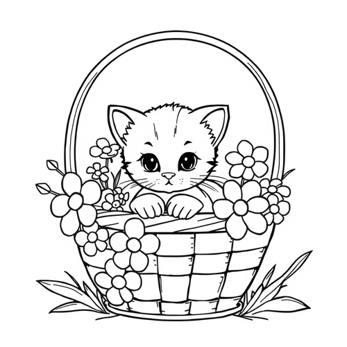 Black and white coloring page of kitten nestled in a basket of flowers