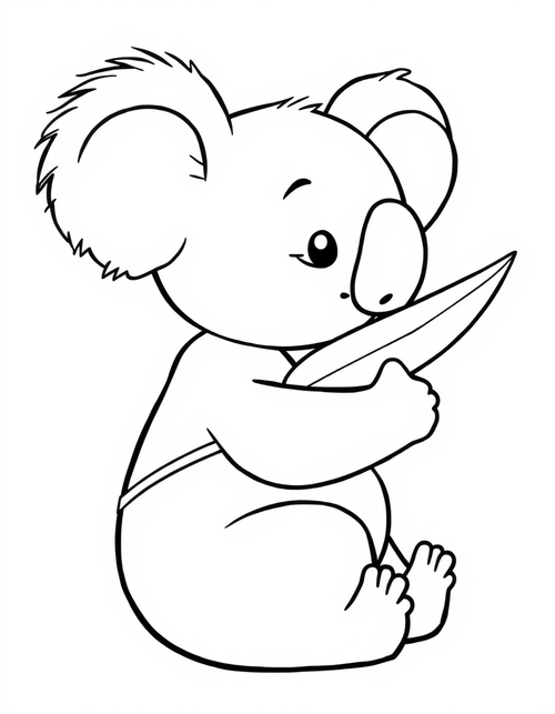 Coloring page of a cartoon koala holding a eucalyptus leaf in one paw and chewing it