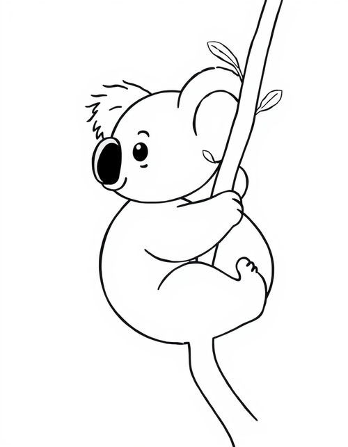 Koala Clinging to a Eucalyptus Branch black and white line art