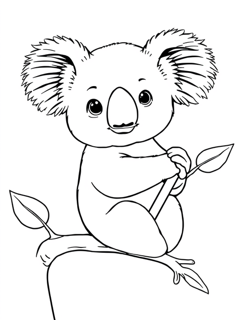 Koala Joey Holding a Branch black and white line art