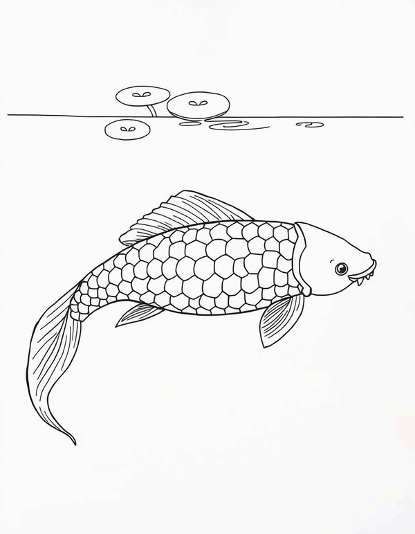 Coloring page of a long koi fish seen from the side swimming beneath round lily pads, its body covered in large open scale outlines