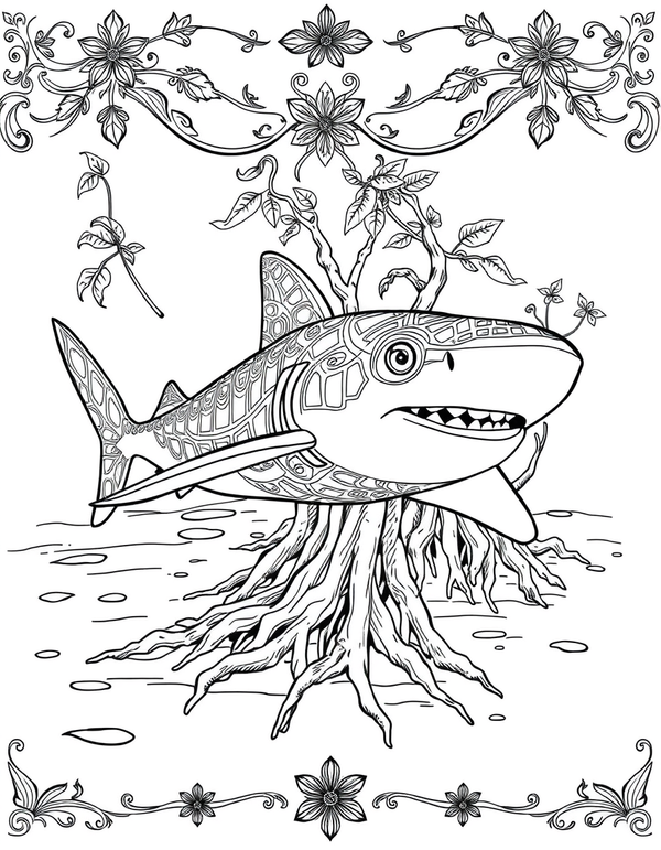 Lemon Shark Near Mangrove Roots - black and white coloring page