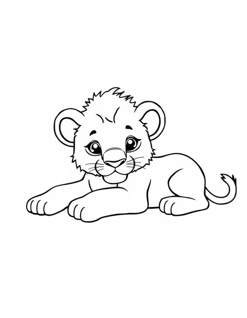 Baby lion cub lying down with a small tail tuft, thick outline coloring page