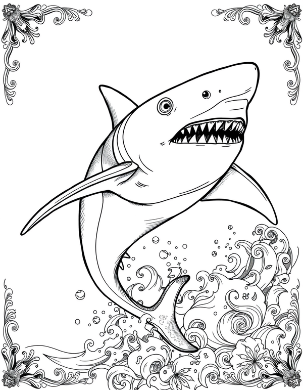 Mako Shark Leaping Out of the Ocean - black and white coloring page