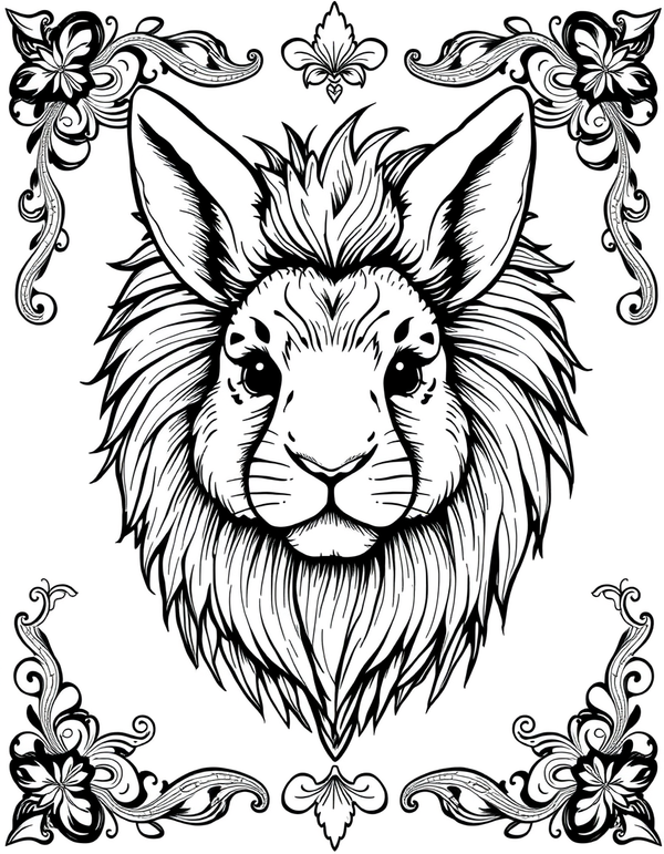 Miniature Lion Head Rabbit With Fluffy Mane - black and white coloring page