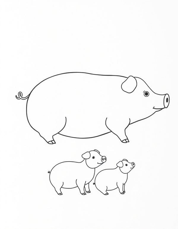 Black and white coloring page of mother pig with two piglets