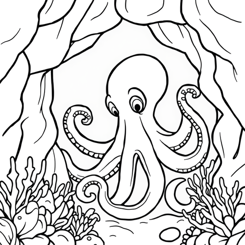 Black and white coloring page of octopus exploring an underwater cave