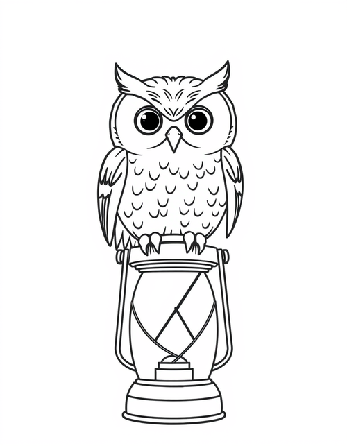 Black and white coloring page of an owl perched on top of a vintage lantern