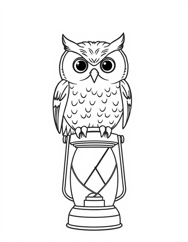 Black and white coloring page of an owl perched on top of a vintage lantern