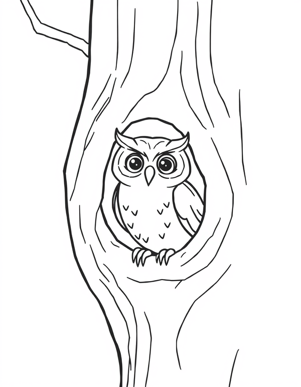 Black and white coloring page of an owl peeking out from inside a tree hollow