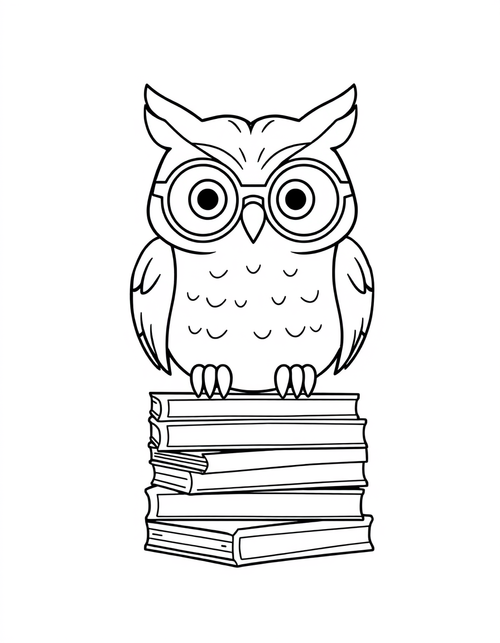 Black and white coloring page of a wise owl wearing round glasses perched on a stack of books