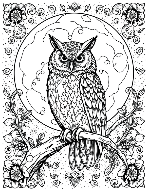 Black and white coloring page of an owl sitting on a branch with a full moon behind it