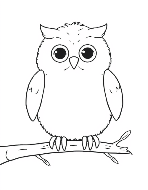 Owlet Sitting on a Branch black and white line art
