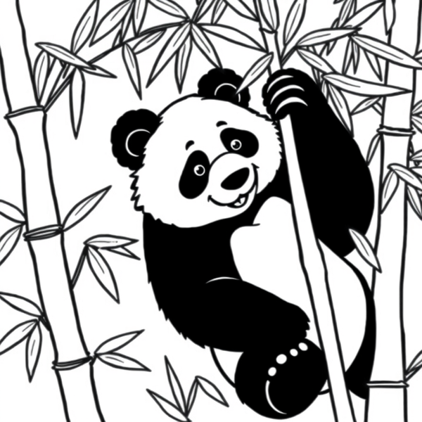 Black and white coloring page of panda climbing up a bamboo tree