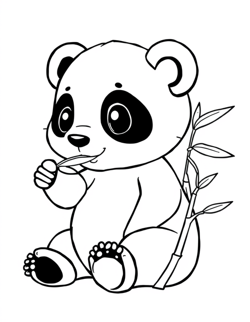 Baby panda cub sitting and chewing a bamboo leaf, thick outline coloring page