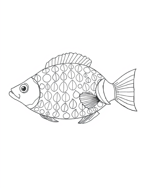 Coloring page of one large fish filling the page, its body divided into bands of circles, teardrops and leaf shapes