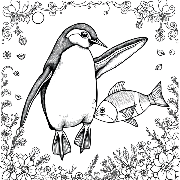 Black and white coloring page of penguin swimming gracefully underwater hunting fish