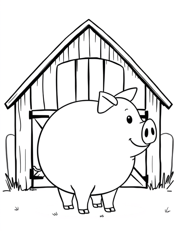 Pig Beside A Barn black and white line art