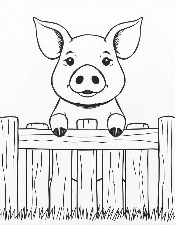 Pig Looking Over A Fence black and white line art