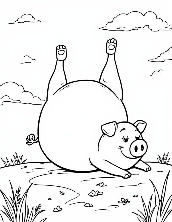 Black and white coloring page of pig rolling on its back