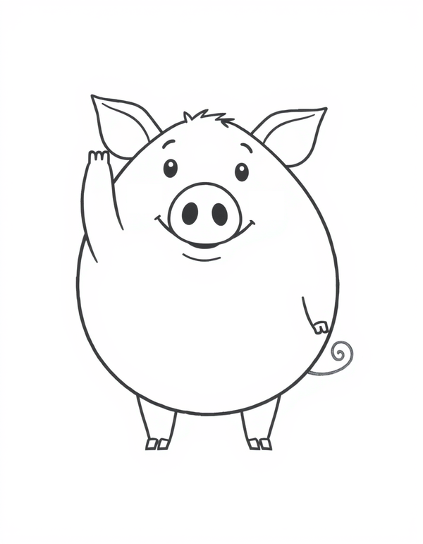 Pig Waving Hello black and white line art