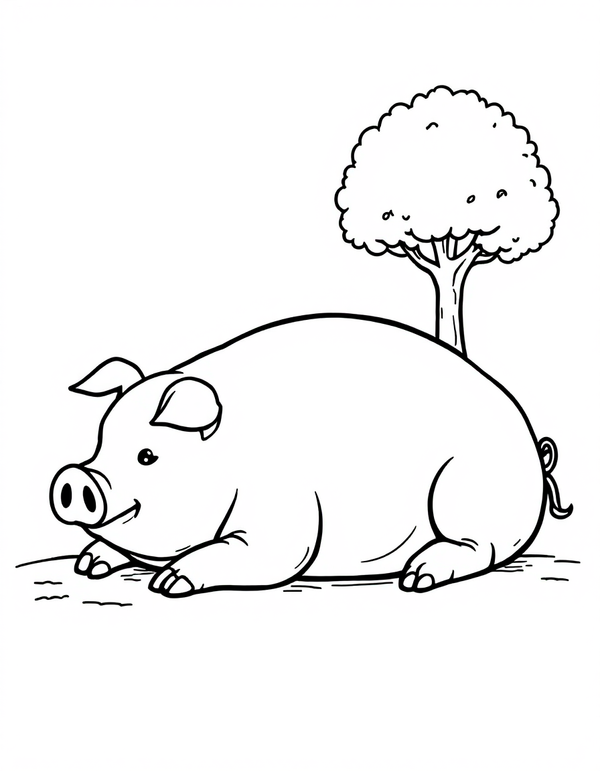 Pot Bellied Pig Resting Under A Tree black and white line art