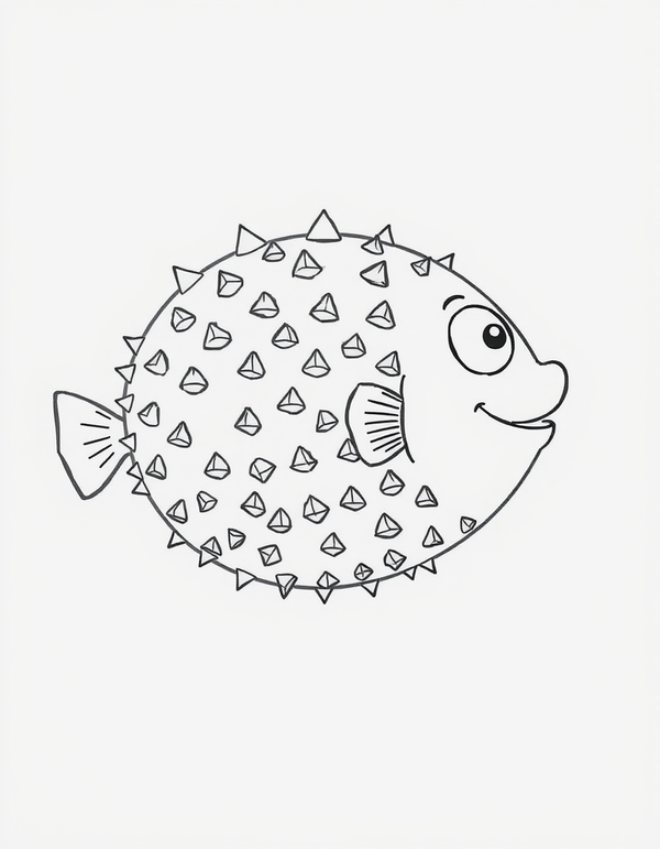 Coloring page of a round puffed up puffer fish covered in short spikes, with small fins and a wide smile
