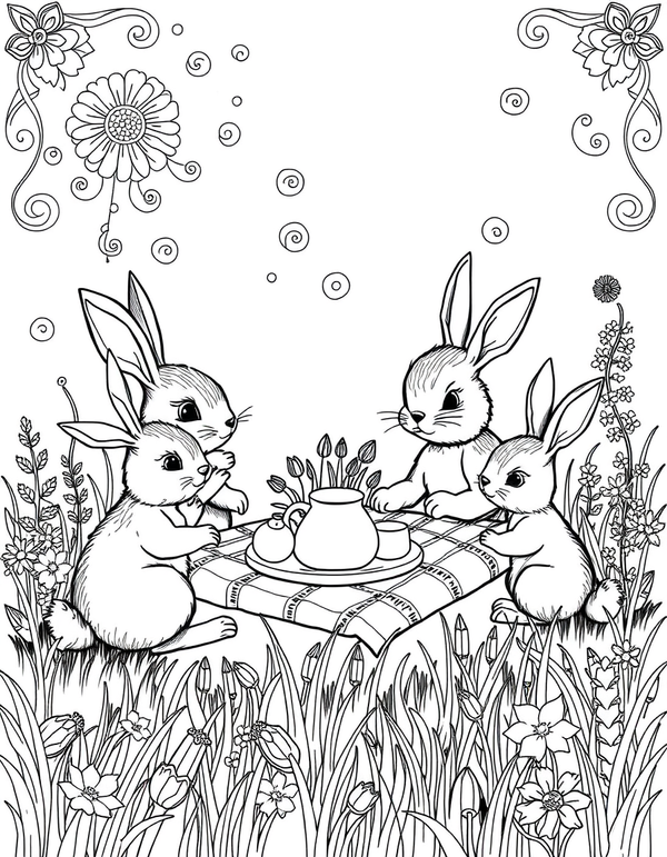 Rabbit Family Having a Picnic - black and white coloring page
