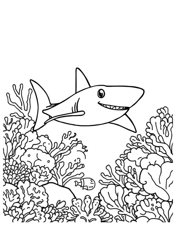 Reef Shark Patrolling a Coral Reef - black and white coloring page