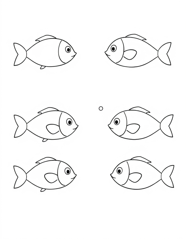 Coloring page of six simple fish swimming in the same direction in two rows across the page