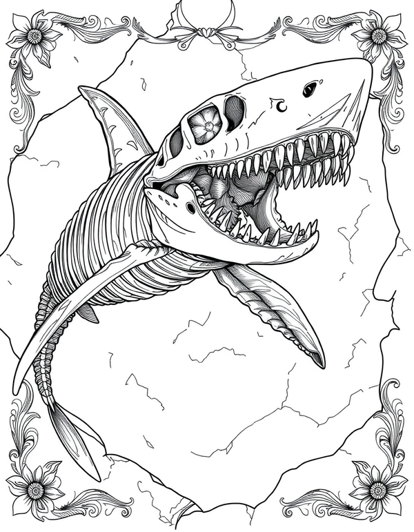 Shark Fossil Skeleton Museum Display - black and white coloring page