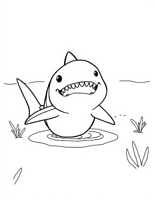 Shark Pup Being Born in Shallow Waters - black and white coloring page