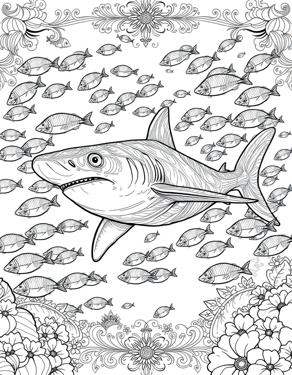 Silky Shark Swimming Through a School of Fish - black and white coloring page