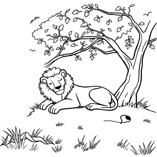 Black and white coloring page of sleeping lion lying in the shade of a tree