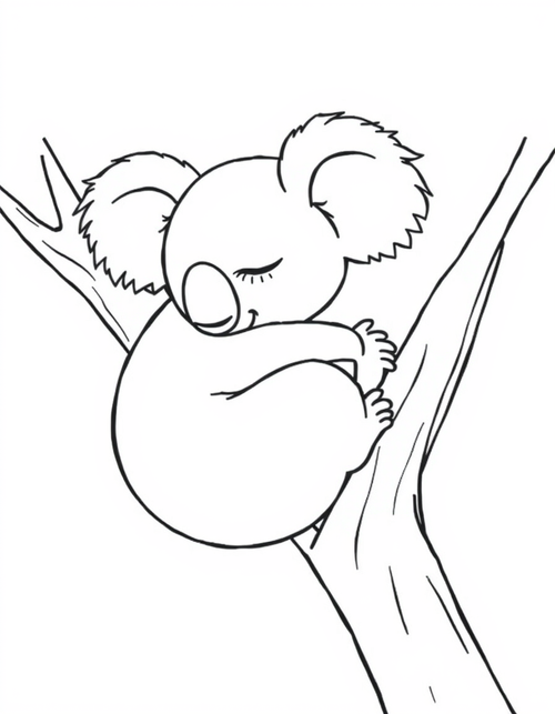 Coloring page of a sleepy koala curled up asleep in the fork of a tree