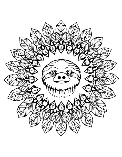 Sloth Mandala With Leaf Patterns black and white line art