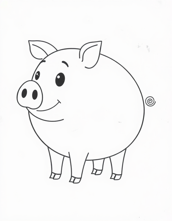 Smiling Cartoon Pig Standing black and white line art