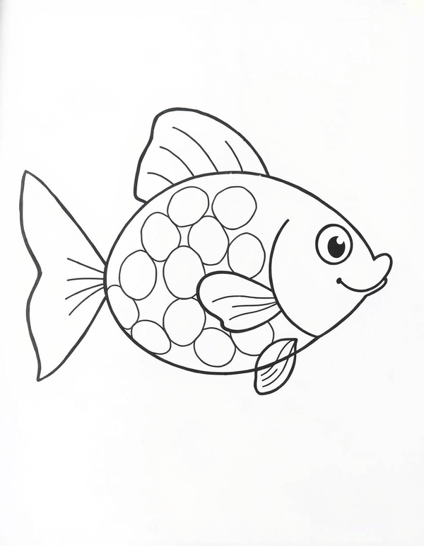 Coloring page of a round goldfish with a wide fanned tail and a smiling face, seen from the side