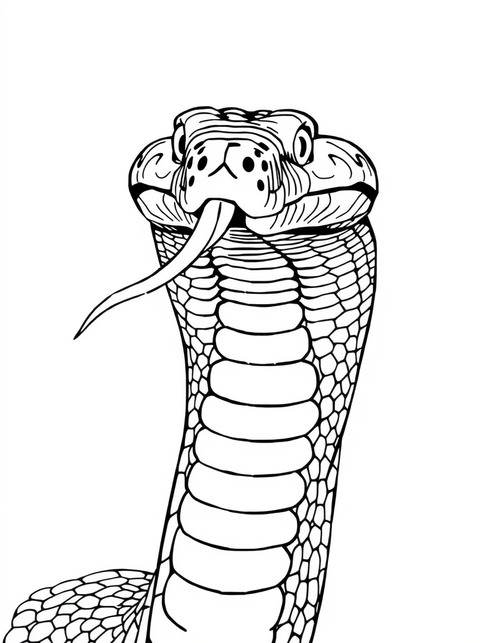 Close coloring page of a snake head raised with its tongue out and patterned scales