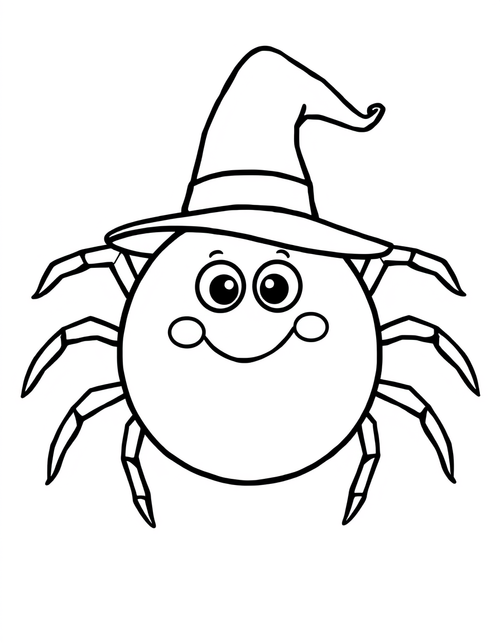 Spider Wearing a Witch Hat black and white line art